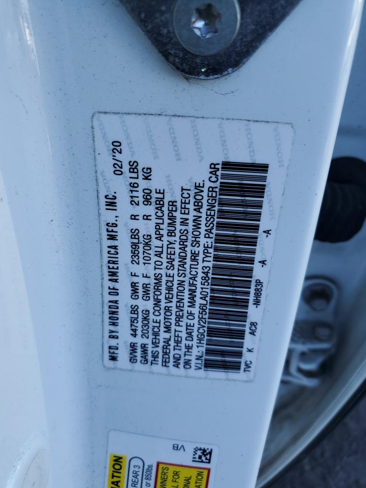 2020 Honda Accord VIN 1HGCV2F56LA015843 Copart auction photo, front end / minor dent/scratches damage thumbnail 12