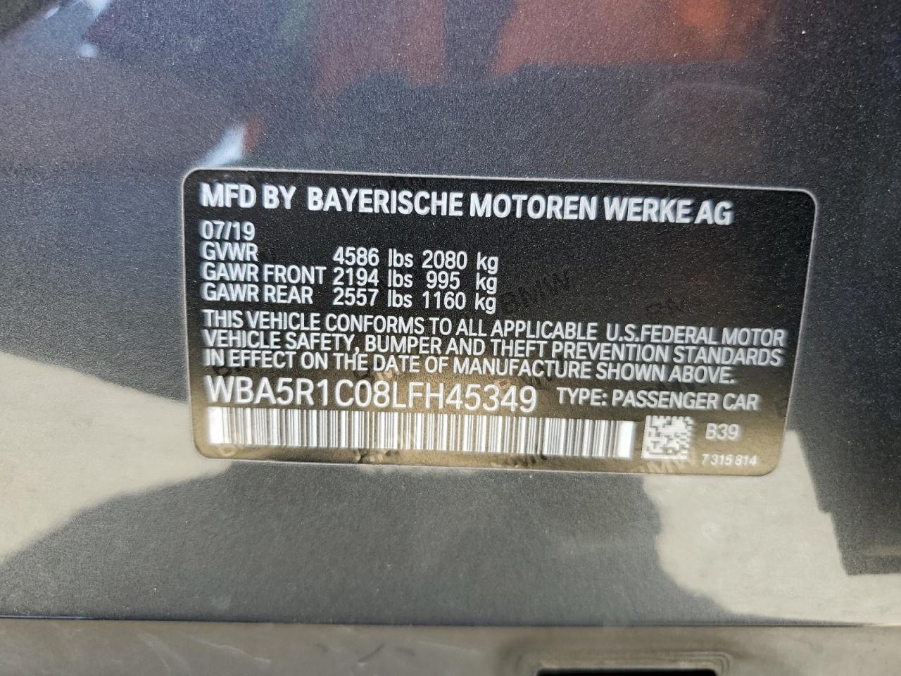 2020 BMW 3er VIN WBA5R1C08LFH45349 Copart auction photo, front end damage thumbnail 12