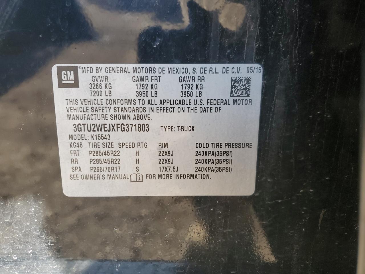 2015 GMC Sierra VIN 3GTU2WEJXFG371803 Copart auction photo, front end damage thumbnail 14