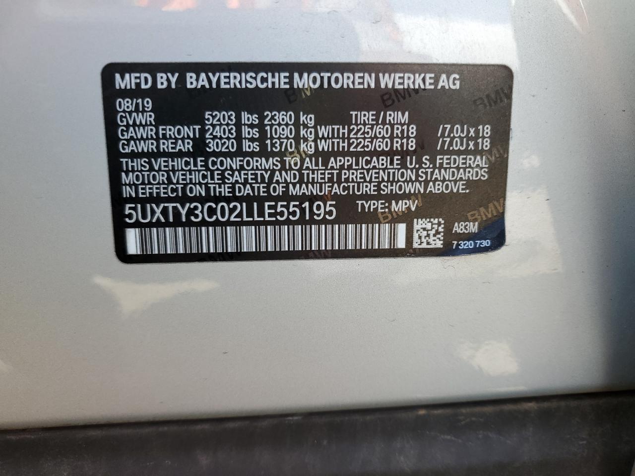 2020 BMW X3 VIN 5UXTY3C02LLE55195 Copart auction photo, minor dent/scratches damage thumbnail 13