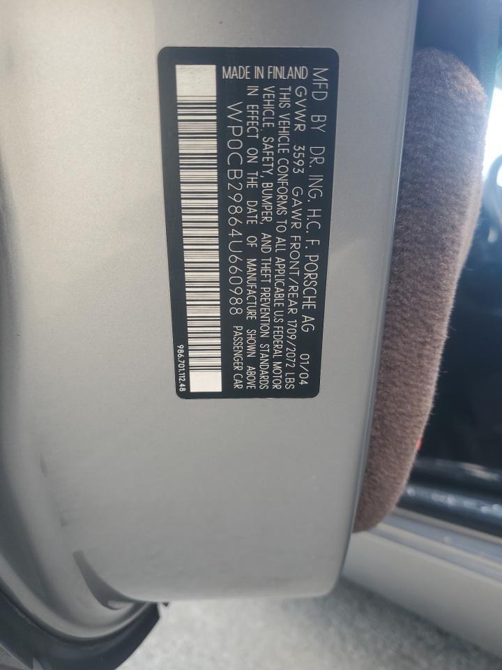 2004 Porsche Boxster VIN WP0CB29864U660988 Copart auction photo, front end damage thumbnail 14