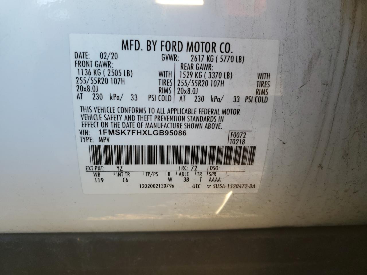 2020 Ford Explorer VIN 1FMSK7FHXLGB95086 Copart auction photo, front end damage thumbnail 12