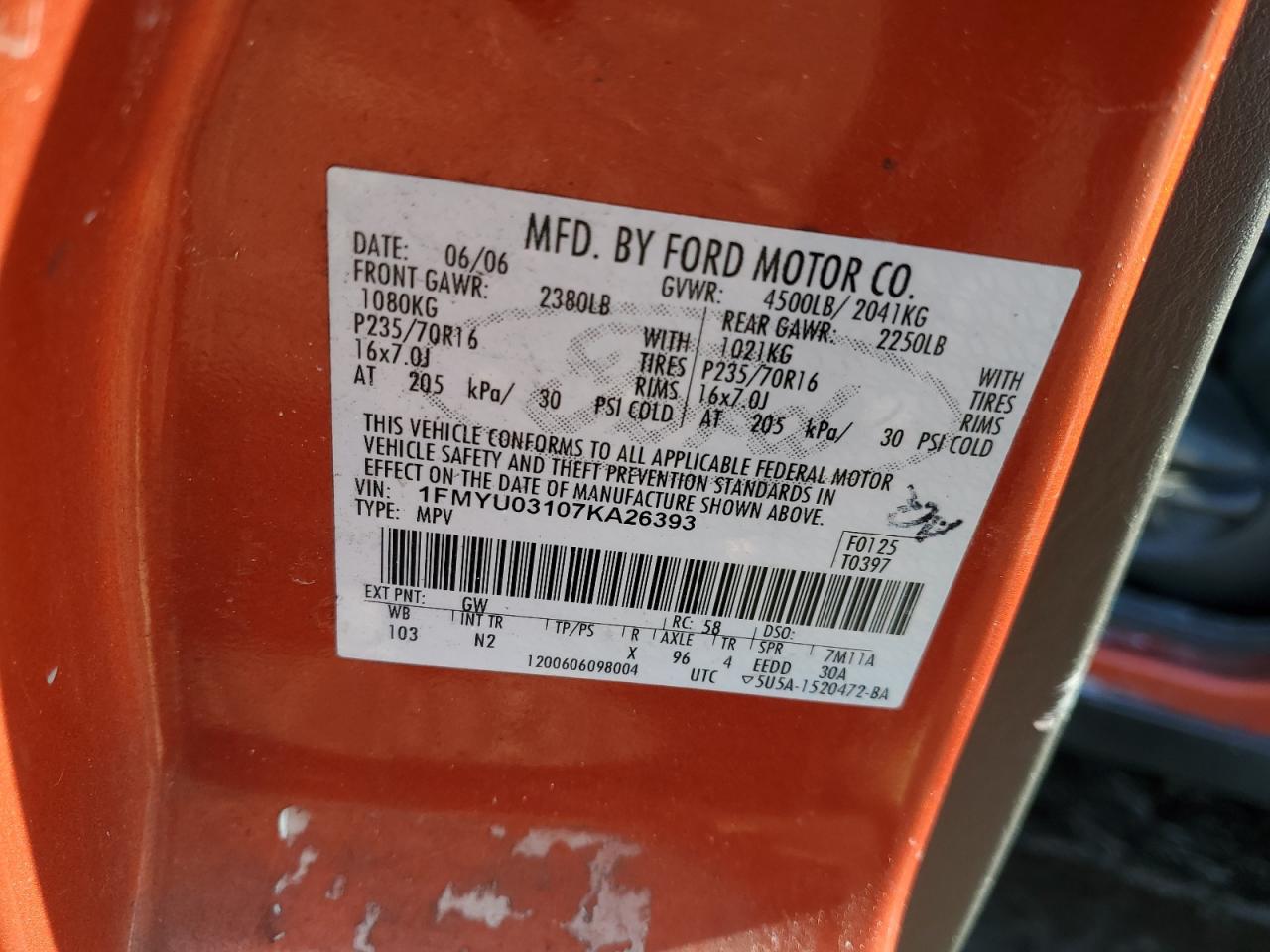 2007 Ford Escape VIN 1FMYU03107KA26393 Copart auction photo, rear end / side damage thumbnail 16