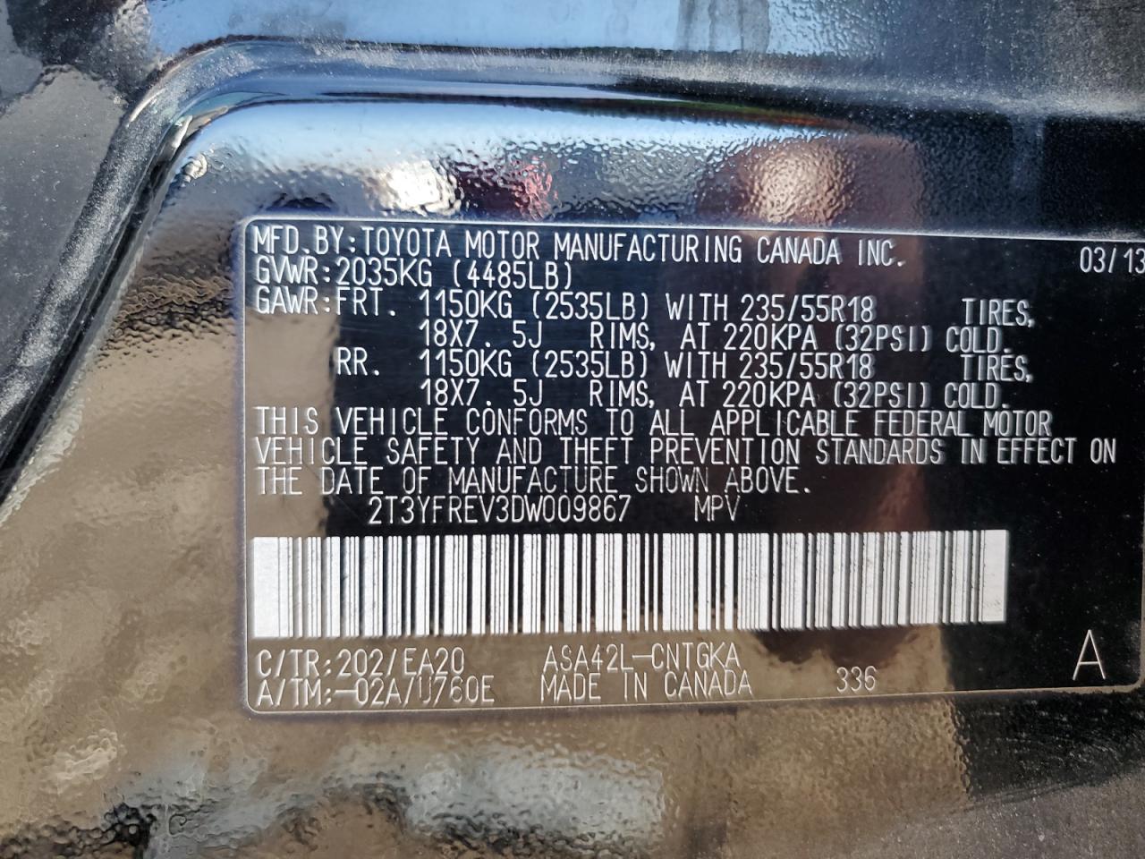 2013 Toyota RAV 4 VIN 2T3YFREV3DW009867 Copart auction photo, rear end damage thumbnail 13