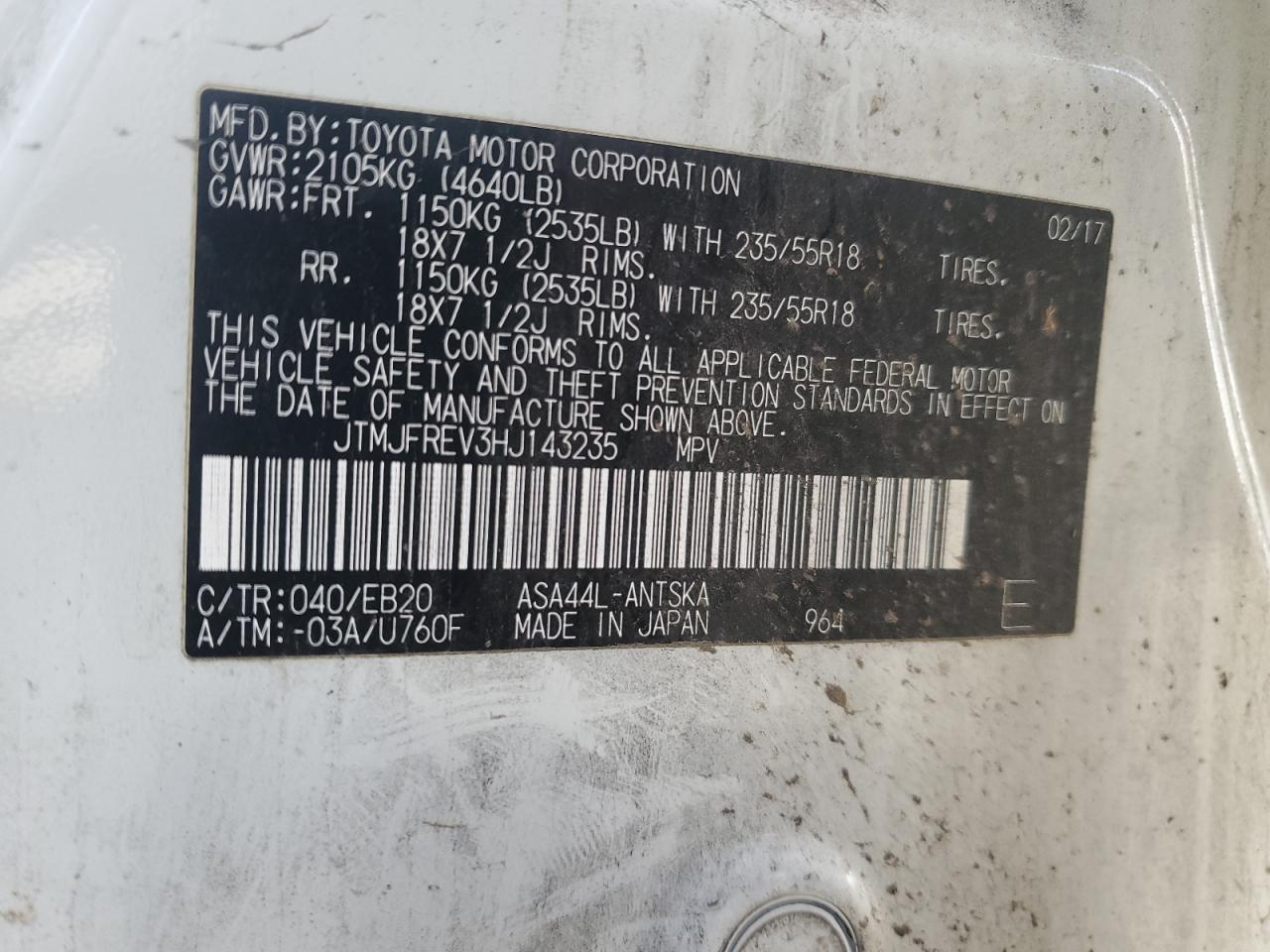 2017 Toyota RAV 4 VIN JTMJFREV3HJ143235 Copart auction photo, side damage thumbnail 13