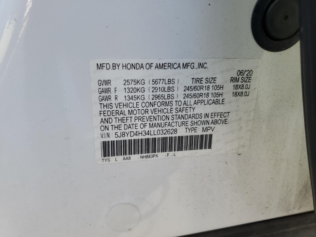 2020 Acura MDX VIN 5J8YD4H34LL032628 Copart auction photo, rear end damage thumbnail 15