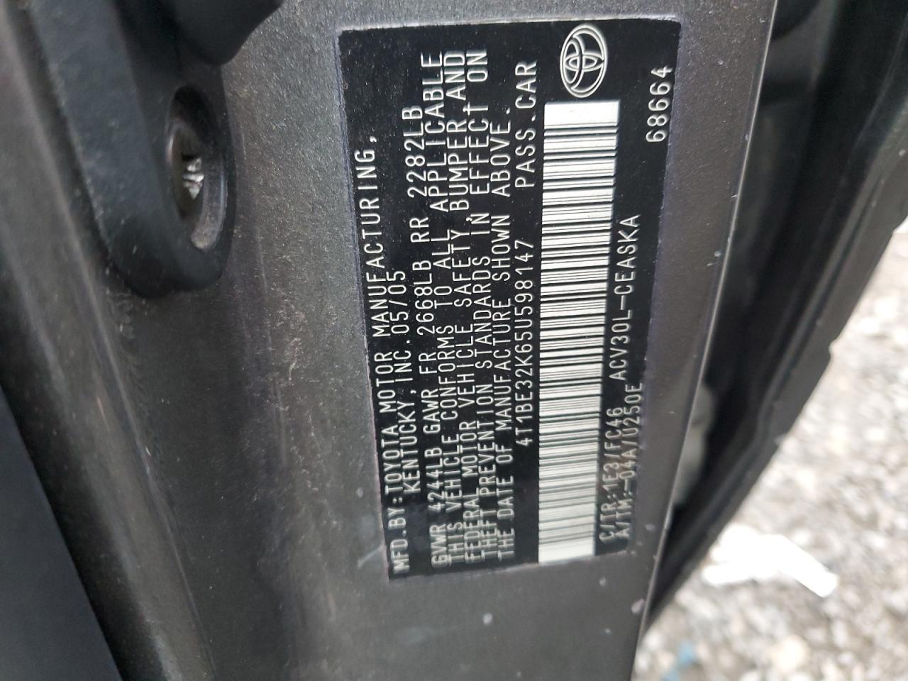 2005 Toyota Camry VIN 4T1BE32K65U598147 Copart auction photo, front end damage thumbnail 14