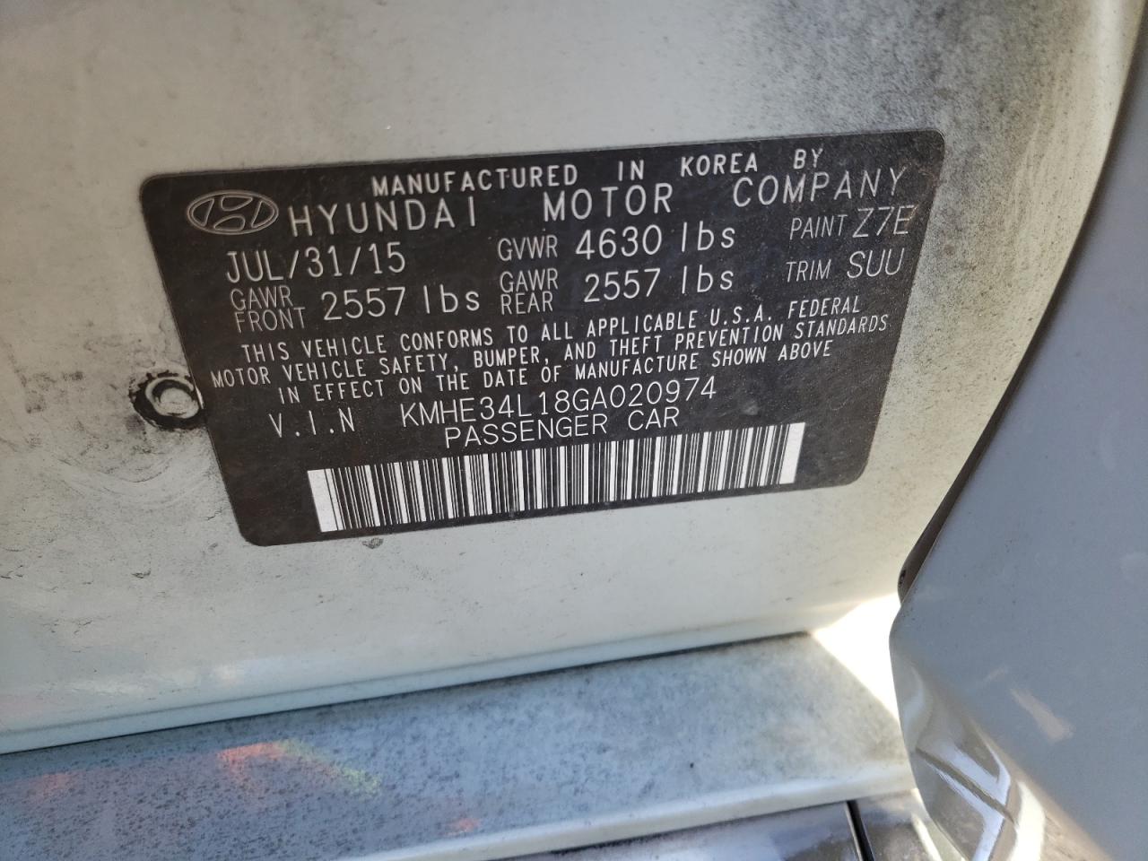 2016 Hyundai Sonata VIN KMHE34L18GA020974 Copart auction photo, rear end damage thumbnail 15