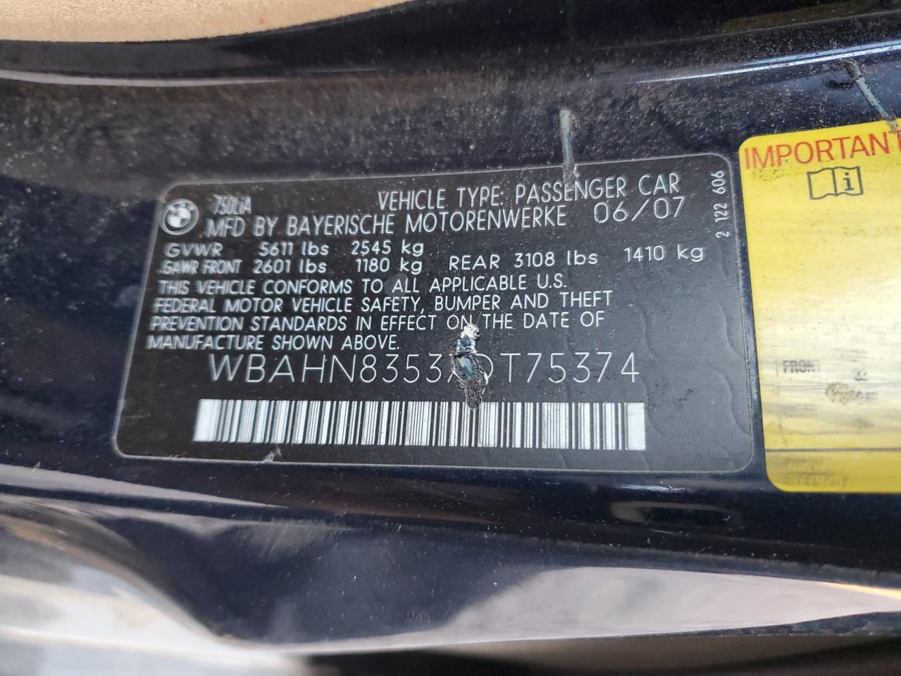 2007 BMW 7er VIN WBAHN83537DT75374 Copart auction photo, front end damage thumbnail 12