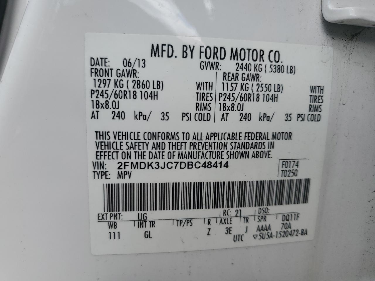 2013 Ford Edge VIN 2FMDK3JC7DBC48414 Copart auction photo, front end / side damage thumbnail 13