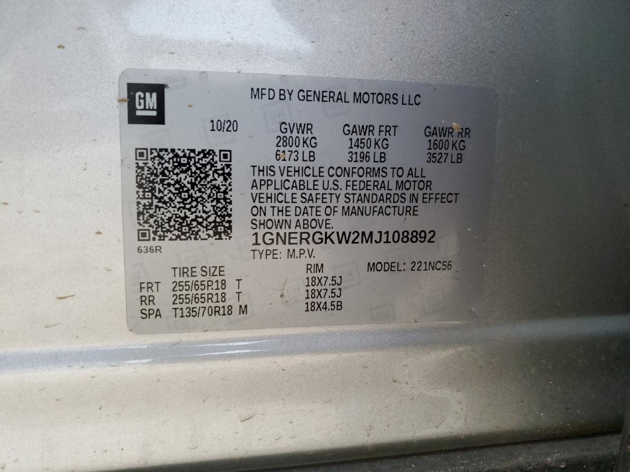 2021 Chevrolet Traverse VIN 1GNERGKW2MJ108892 Copart auction photo, top/roof / minor dent/scratches damage thumbnail 13
