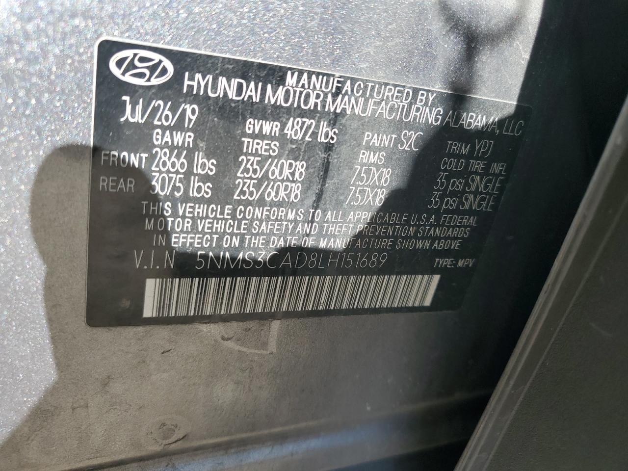 2020 Hyundai Santa Fe VIN 5NMS3CAD8LH151689 Copart auction photo, front end / minor dent/scratches damage thumbnail 14