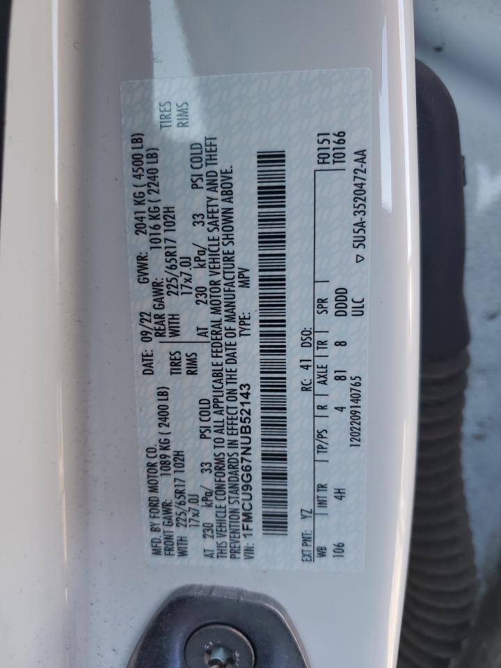 2022 Ford Escape VIN 1FMCU9G67NUB52143 Copart auction photo, front end damage thumbnail 12