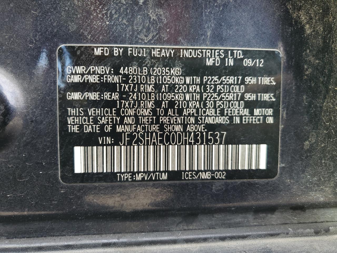2013 Subaru Forester VIN JF2SHAEC0DH431537 Copart auction photo, side damage thumbnail 13