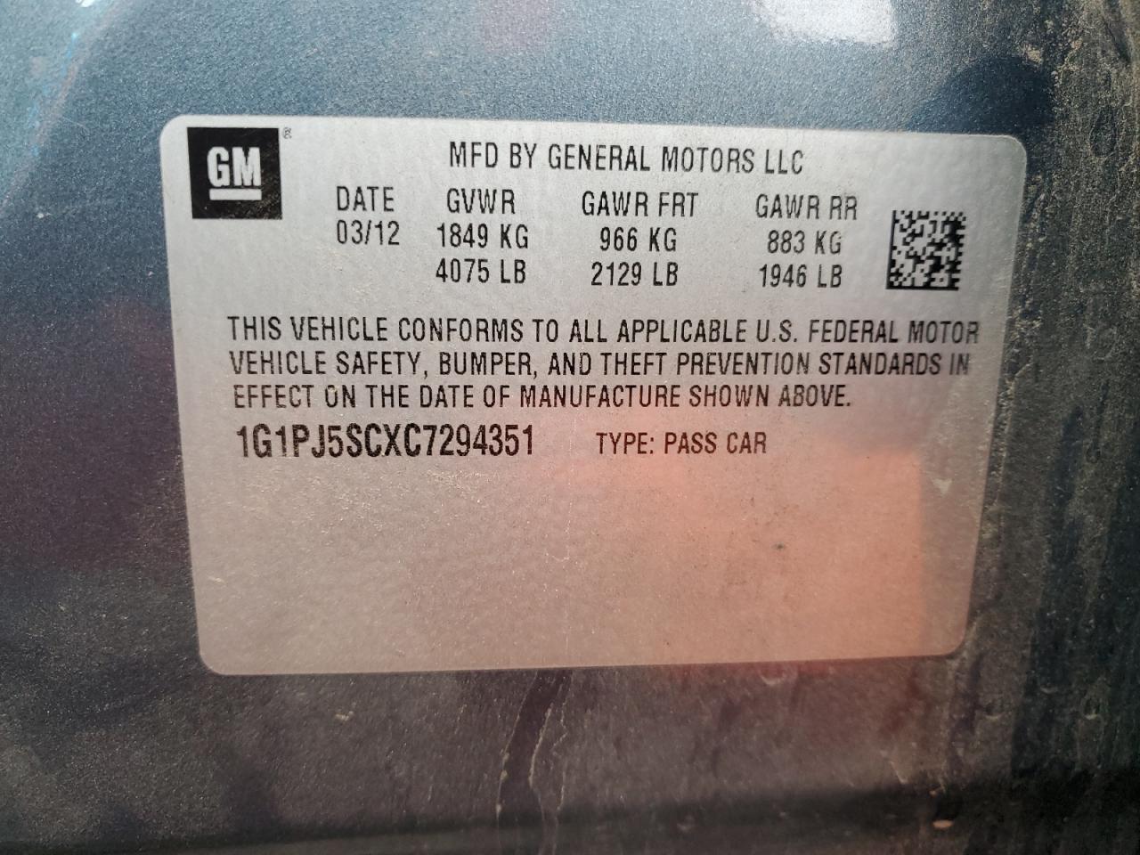 2012 Chevrolet Cruze VIN 1G1PJ5SCXC7294351 Copart auction photo, front end damage thumbnail 13