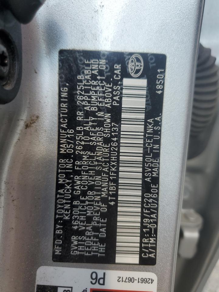 2017 Toyota Camry VIN 4T1BF1FKXHU264137 Copart auction photo, all over damage thumbnail 13