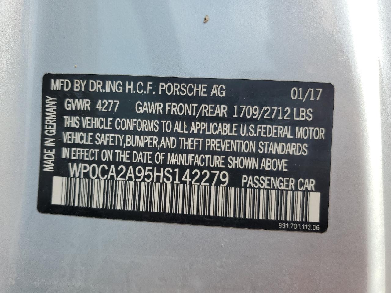 2017 Porsche 911 VIN WP0CA2A95HS142279 Copart auction photo, water/flood damage thumbnail 13