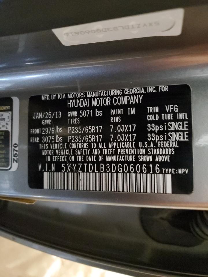 2013 Hyundai Santa Fe VIN 5XYZTDLB3DG060616 Copart auction photo, front end damage thumbnail 12