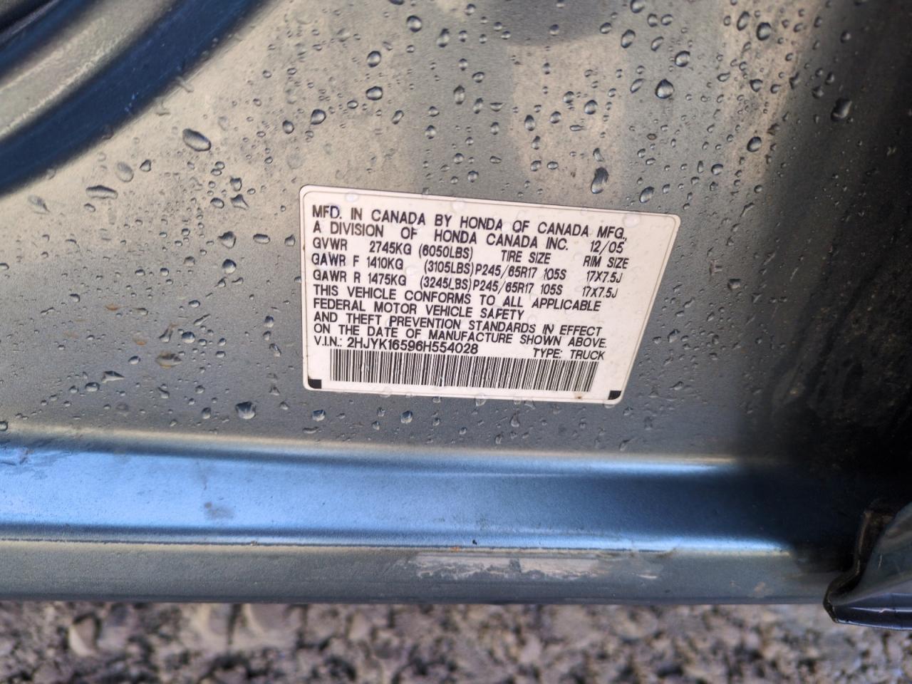 2006 Honda Ridgeline VIN 2HJYK16596H554028 Copart auction photo, front end / rear end damage thumbnail 12