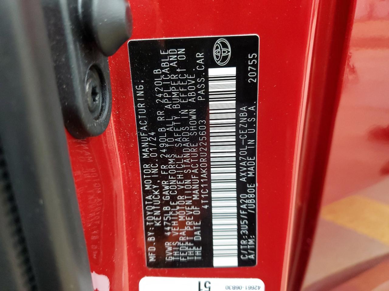 2024 Toyota Camry VIN 4T1C11AK0RU225603 Copart auction photo, rear end damage thumbnail 14