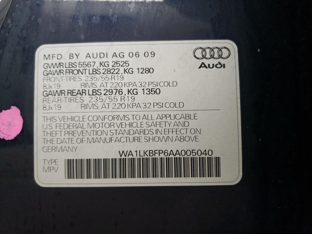 2010 Audi Q5 VIN WA1LKBFP6AA005040 Copart auction photo, front end / side damage thumbnail 12
