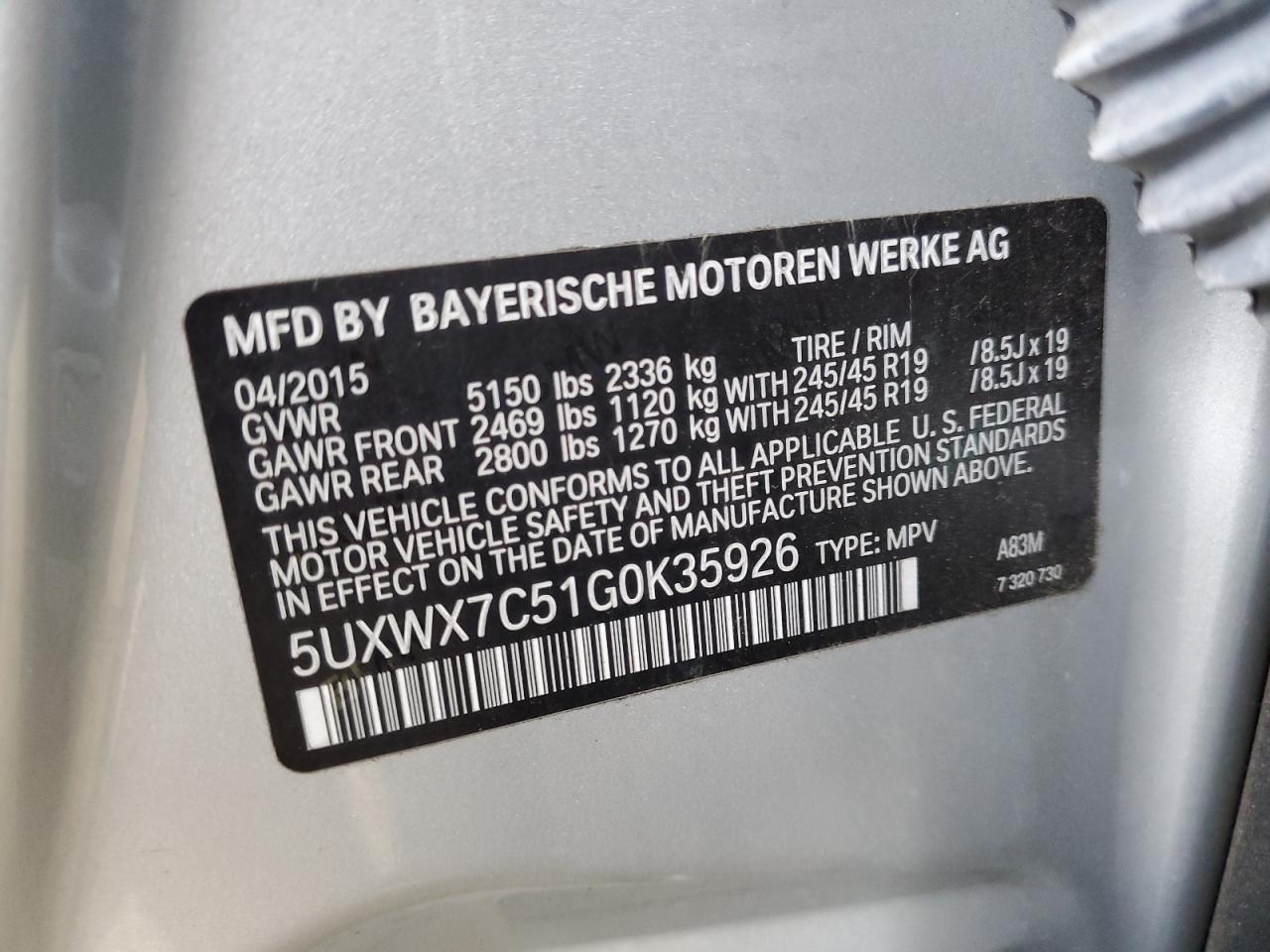 2016 BMW X3 VIN 5UXWX7C51G0K35926 Copart auction photo, front end / side damage thumbnail 14