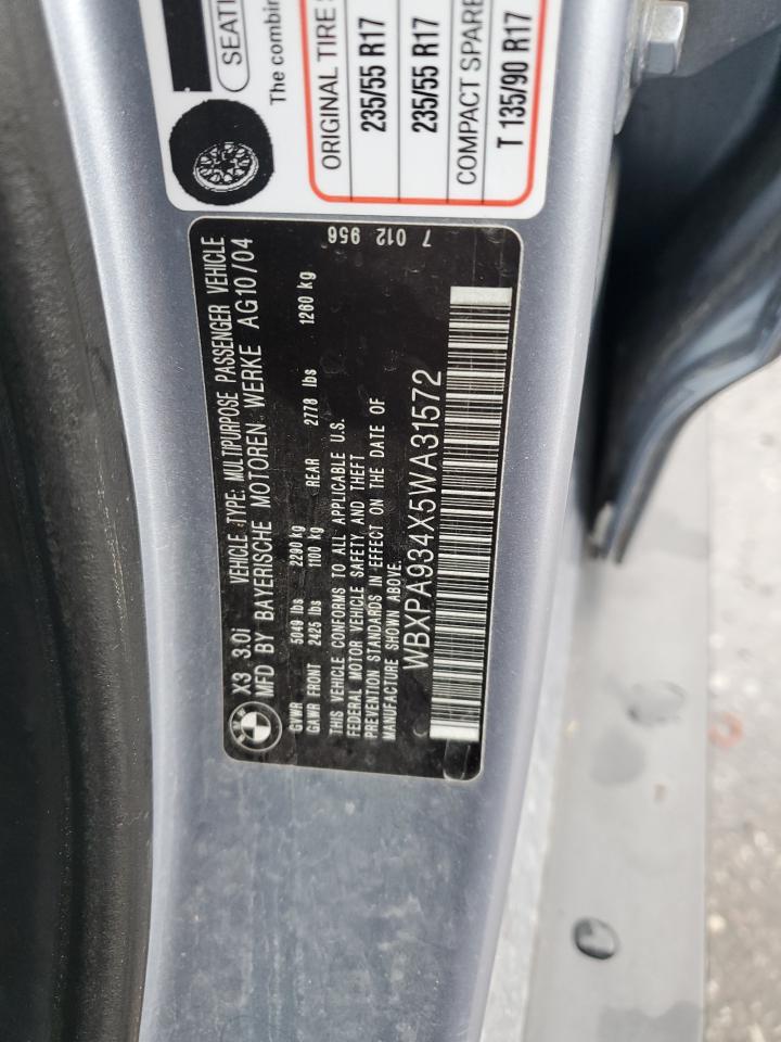 2005 BMW X3 VIN WBXPA934X5WA31572 Copart auction photo, rear end / side damage thumbnail 13