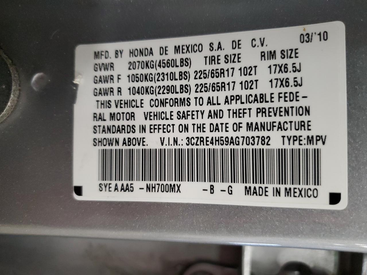 2010 Honda CR-V VIN 3CZRE4H59AG703782 Copart auction photo, rear end damage thumbnail 13