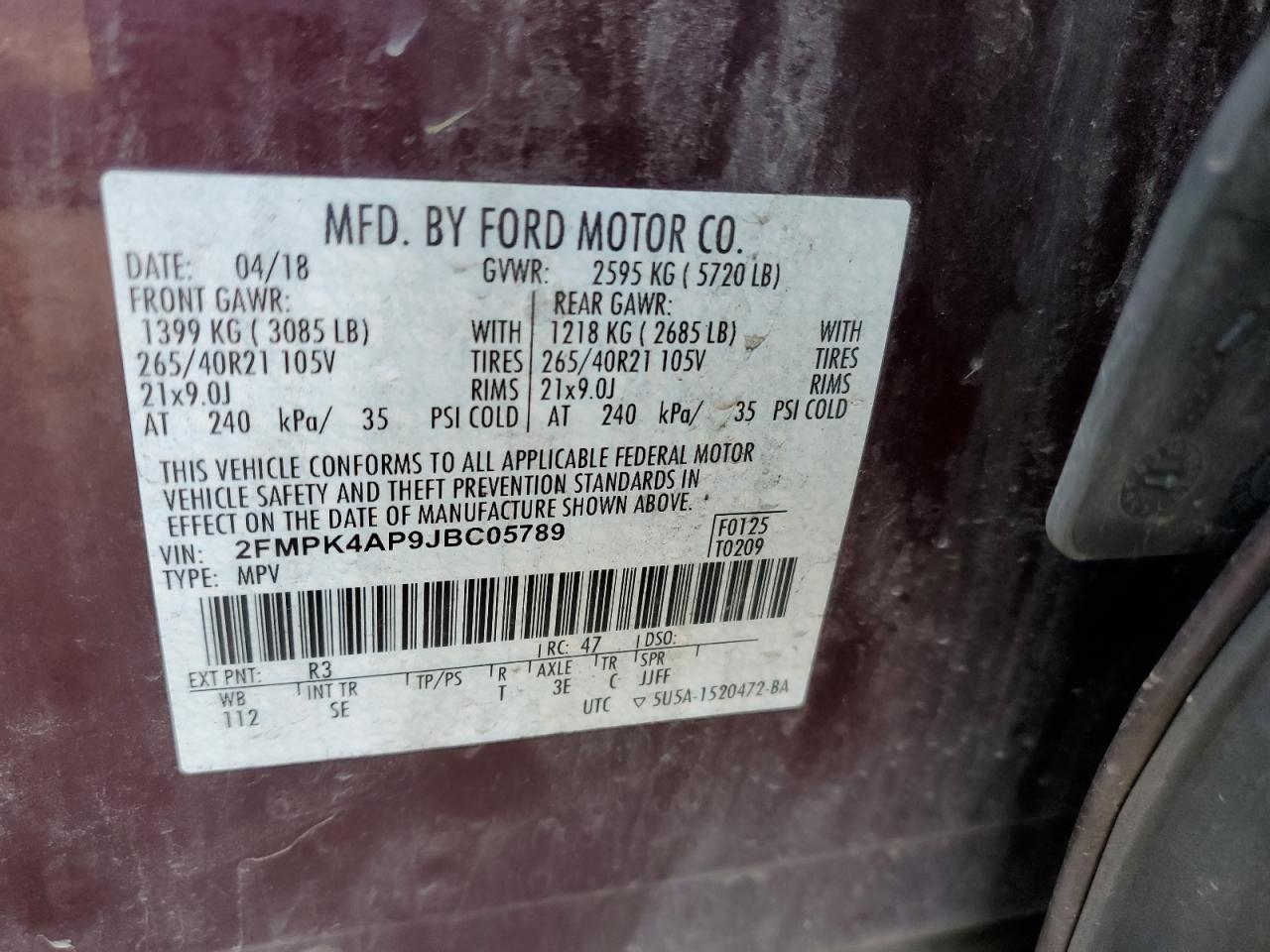 2018 Ford Edge VIN 2FMPK4AP9JBC05789 Copart auction photo, front end damage thumbnail 13