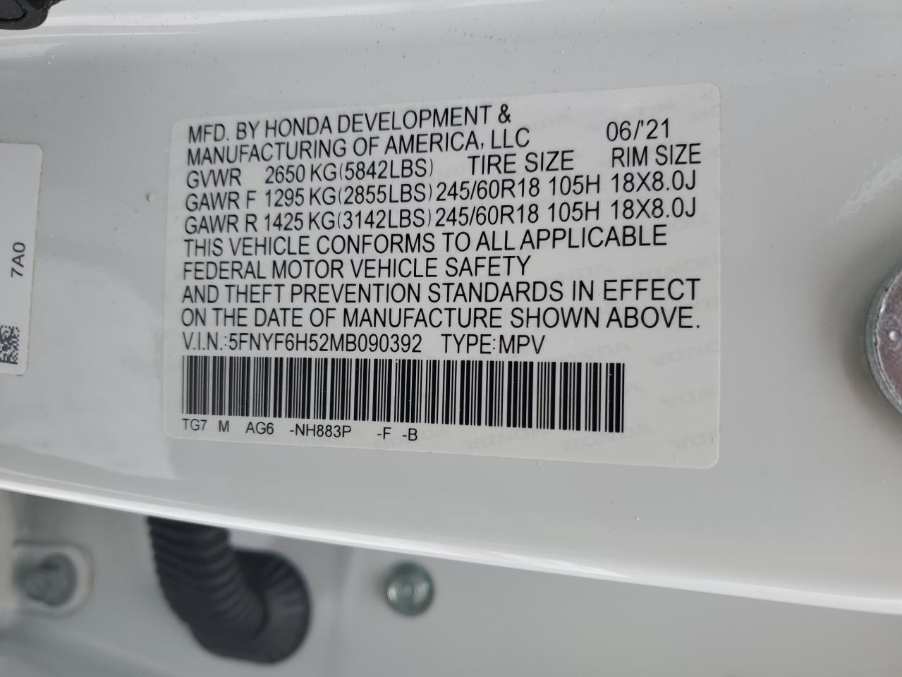 2021 Honda Pilot VIN 5FNYF6H52MB090392 Copart auction photo, front end damage thumbnail 13