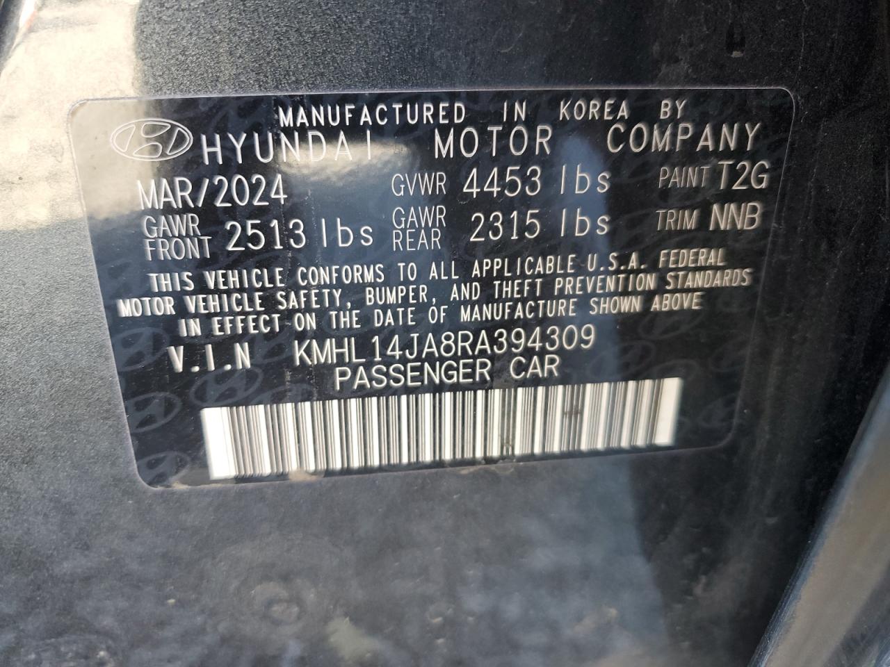 2024 Hyundai Sonata VIN KMHL14JA8RA394309 Copart auction photo, front end / side damage thumbnail 14