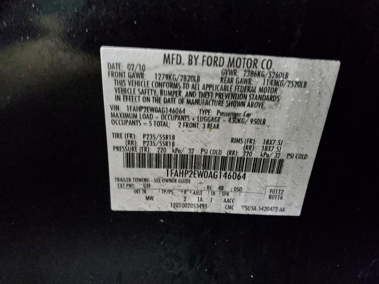 2010 Ford Taurus VIN 1FAHP2EW0AG146064 Copart auction photo, rear end damage thumbnail 12