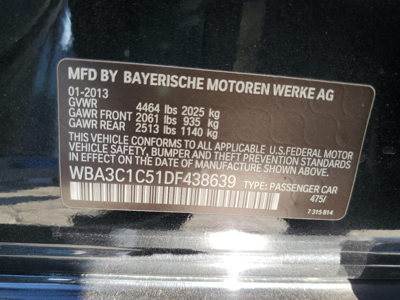 2013 BMW 3er VIN WBA3C1C51DF438639 Copart auction photo, all over damage thumbnail 12