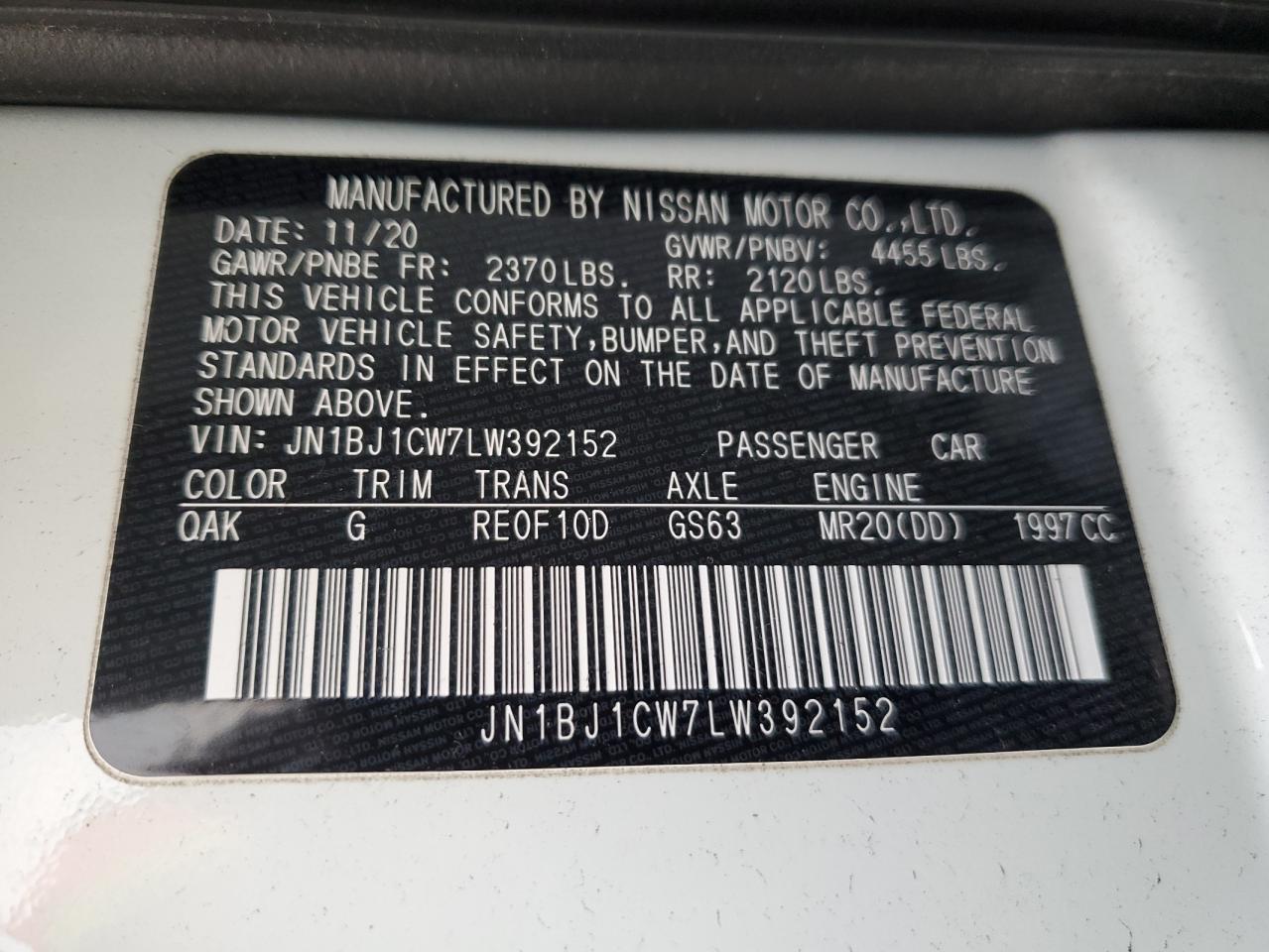 2020 Nissan Rogue VIN JN1BJ1CW7LW392152 Copart auction photo, front end / side damage thumbnail 13