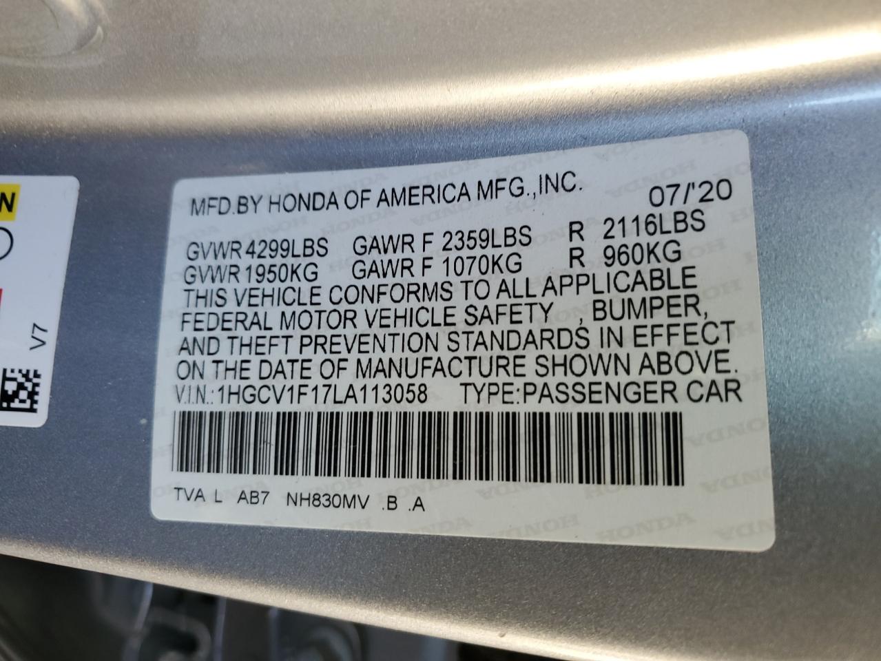 2020 Honda Accord VIN 1HGCV1F17LA113058 Copart auction photo, side / front end damage thumbnail 14