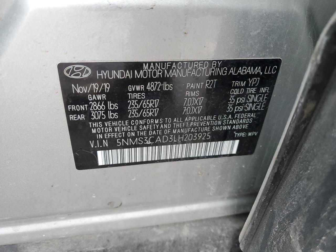 2020 Hyundai Santa Fe VIN 5NMS3CAD3LH203925 Copart auction photo, rear end / undercarriage damage thumbnail 13