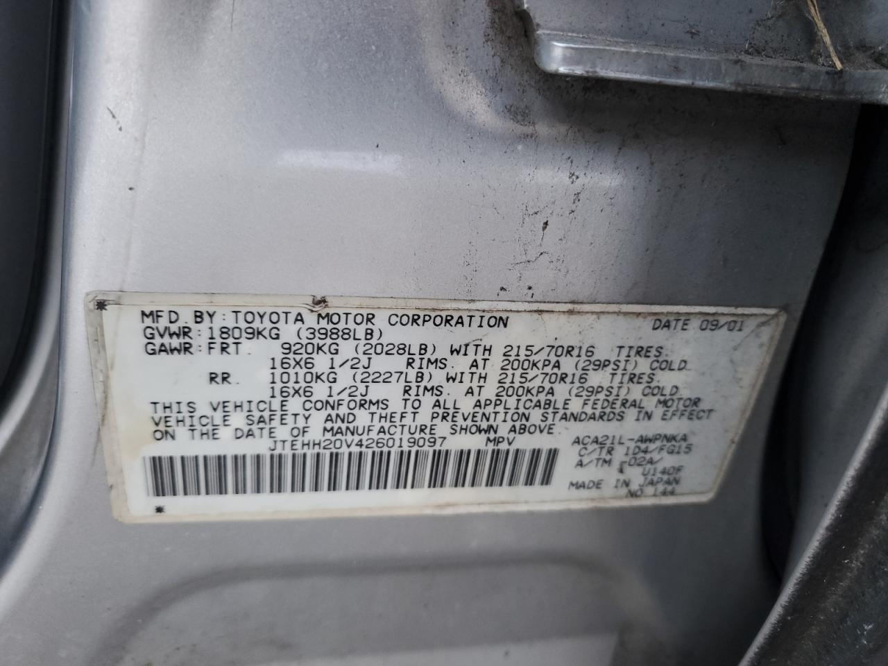 2002 Toyota RAV 4 VIN JTEHH20V426019097 Copart auction photo, rear end / minor dent/scratches damage thumbnail 14