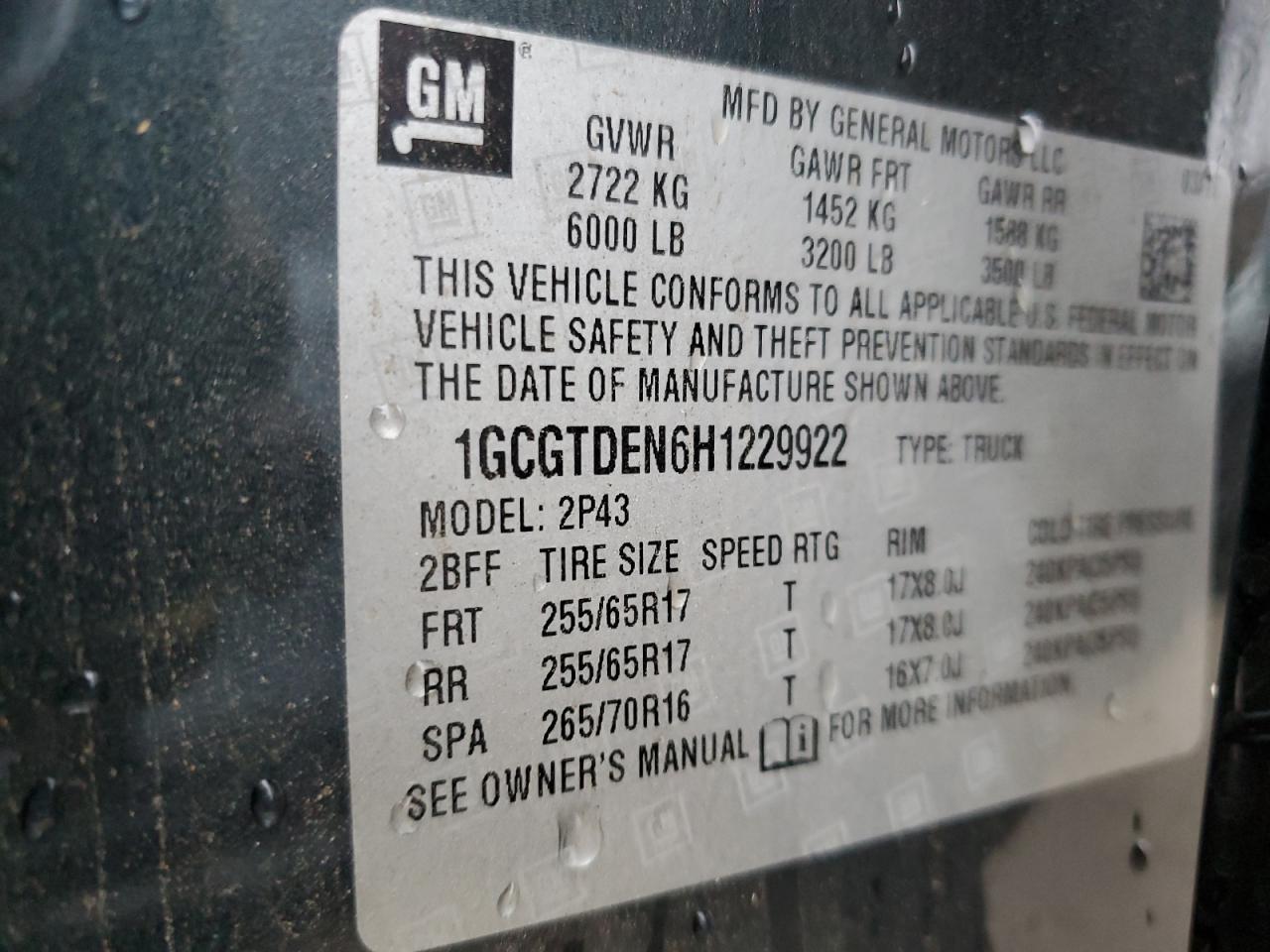 2017 Chevrolet Colorado VIN 1GCGTDEN6H1229922 Copart auction photo, side damage thumbnail 12