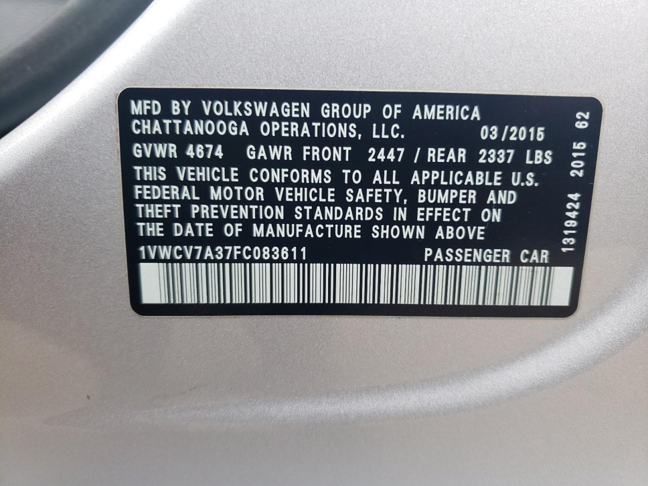 2015 Volkswagen Passat VIN 1VWCV7A37FC083611 Copart auction photo, all over damage thumbnail 13