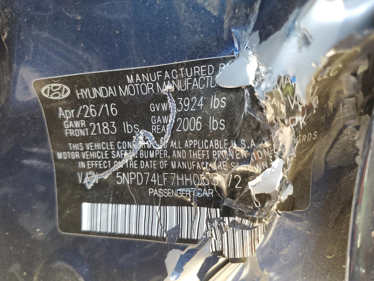 2017 Hyundai Elantra VIN 5NPD74LF7HH065172 Copart auction photo, side / front end damage thumbnail 15