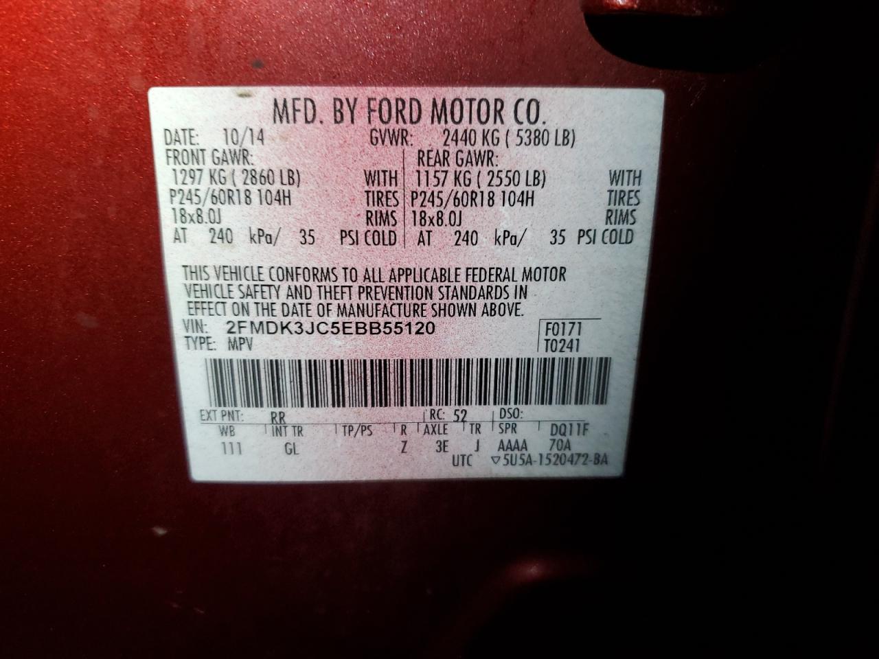 2014 Ford Edge VIN 2FMDK3JC5EBB55120 Copart auction photo, front end damage thumbnail 15