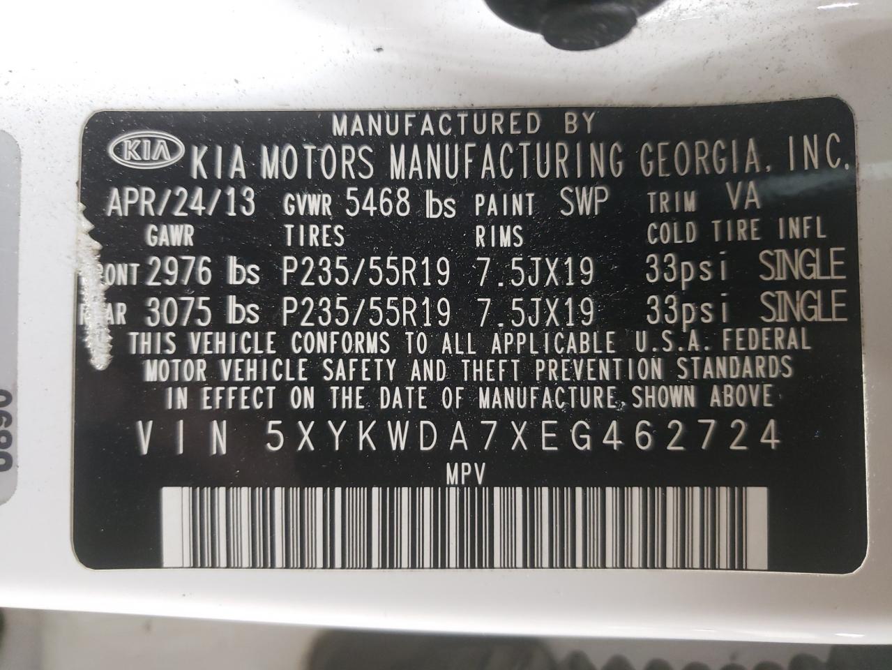 2014 KIA Sorento VIN 5XYKWDA7XEG462724 Copart auction photo, vandalism damage thumbnail 13