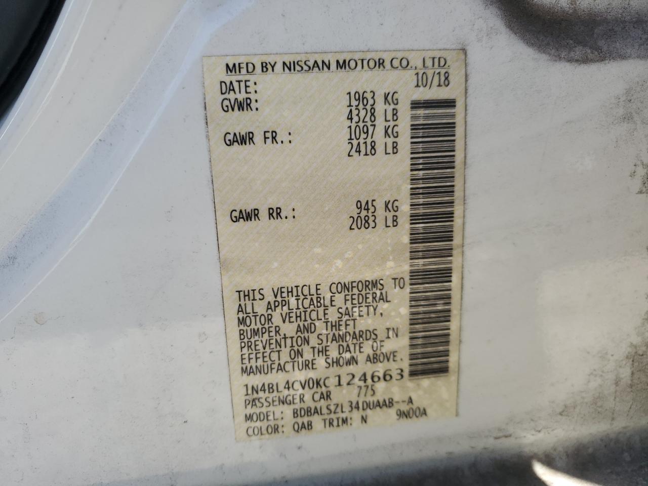 2019 Nissan Altima VIN 1N4BL4CV0KC124663 Copart auction photo, front end damage thumbnail 15