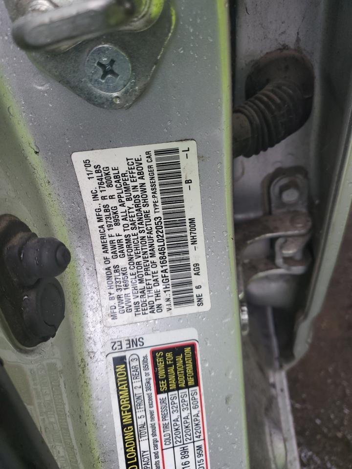 2006 Honda Civic VIN 1HGFA16846L022053 Copart auction photo, vandalism damage thumbnail 12