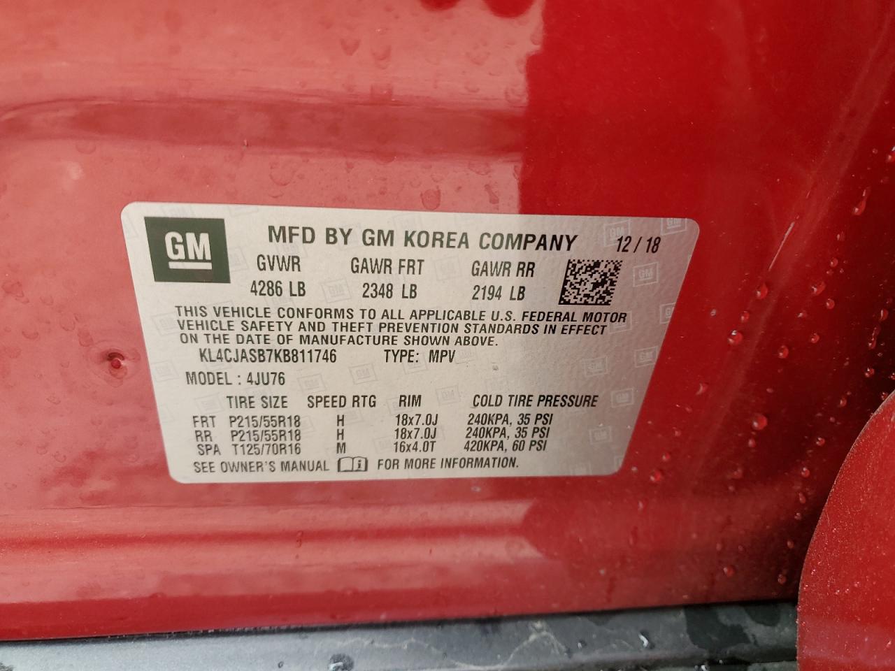2019 Buick Encore VIN KL4CJASB7KB811746 Copart auction photo, rear end damage thumbnail 13
