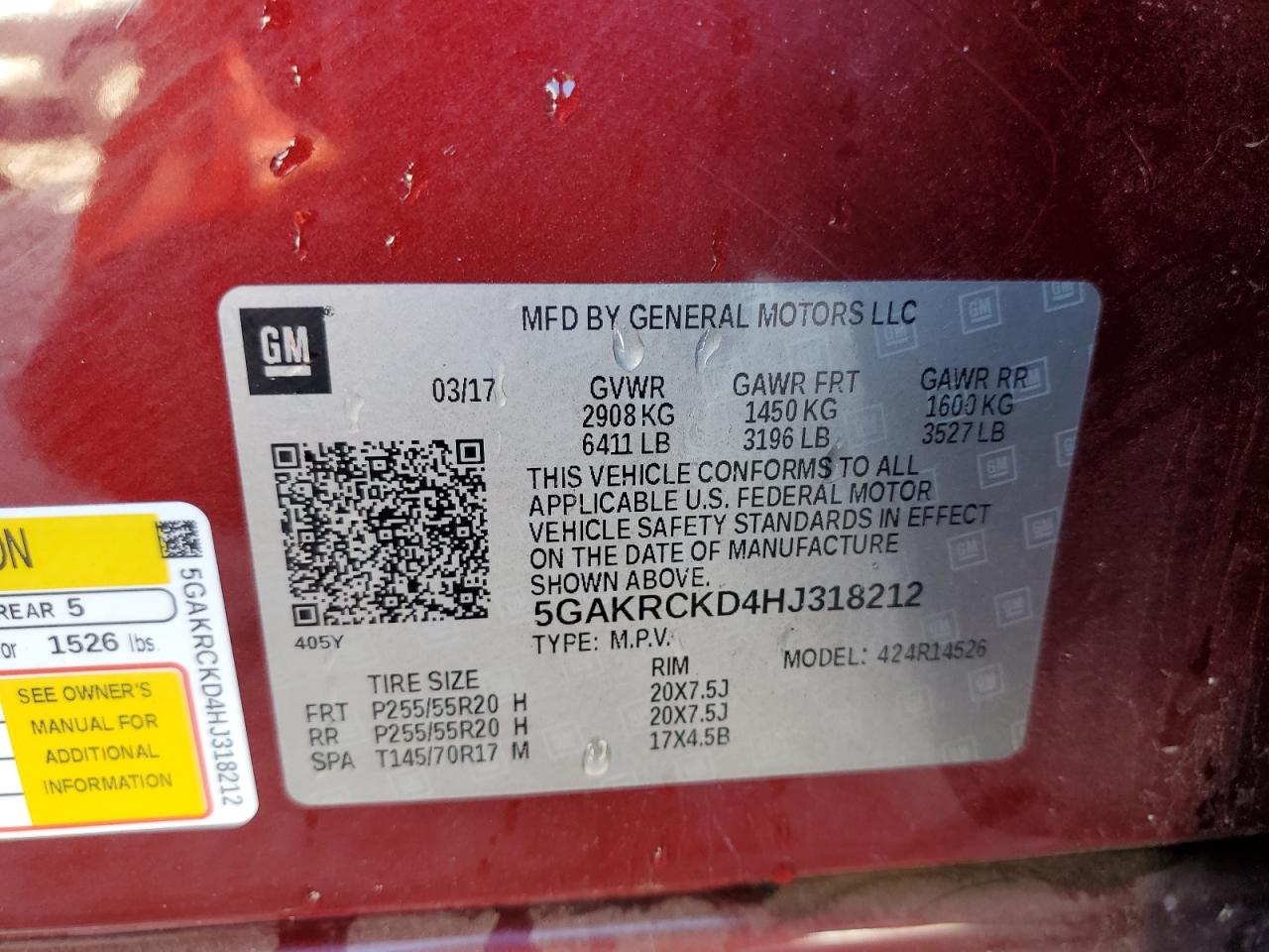 2017 Buick Enclave VIN 5GAKRCKD4HJ318212 Copart auction photo, front end damage thumbnail 13