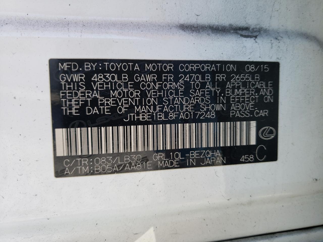 2015 Lexus GS VIN JTHBE1BL8FA017248 Copart auction photo, front end damage thumbnail 12