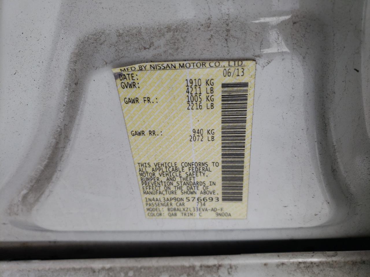 2013 Nissan Altima VIN 1N4AL3AP9DN576693 Copart auction photo, rollover damage thumbnail 13