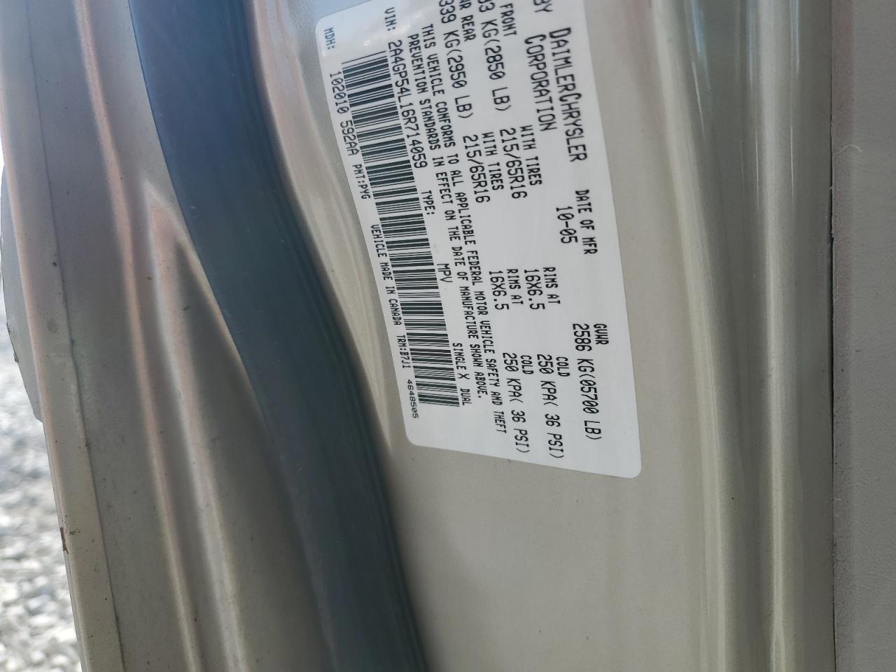 2006 Chrysler Town & Country VIN 2A4GP54L16R714059 Copart auction photo, front end / side damage thumbnail 13