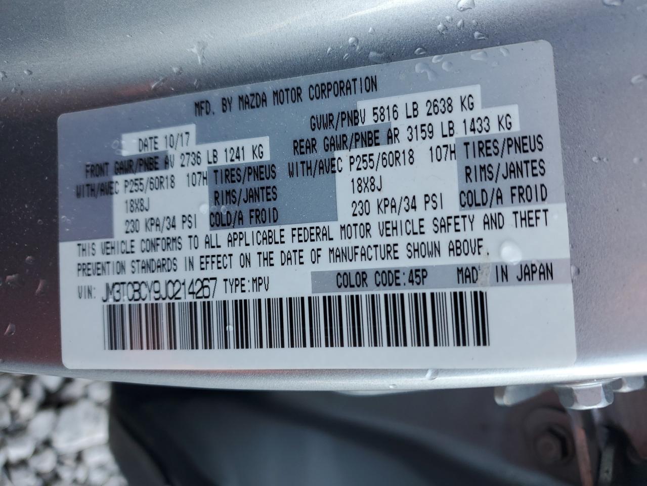 2018 Mazda CX-9 VIN JM3TCBCY9J0214267 Copart auction photo, front end / side damage thumbnail 13